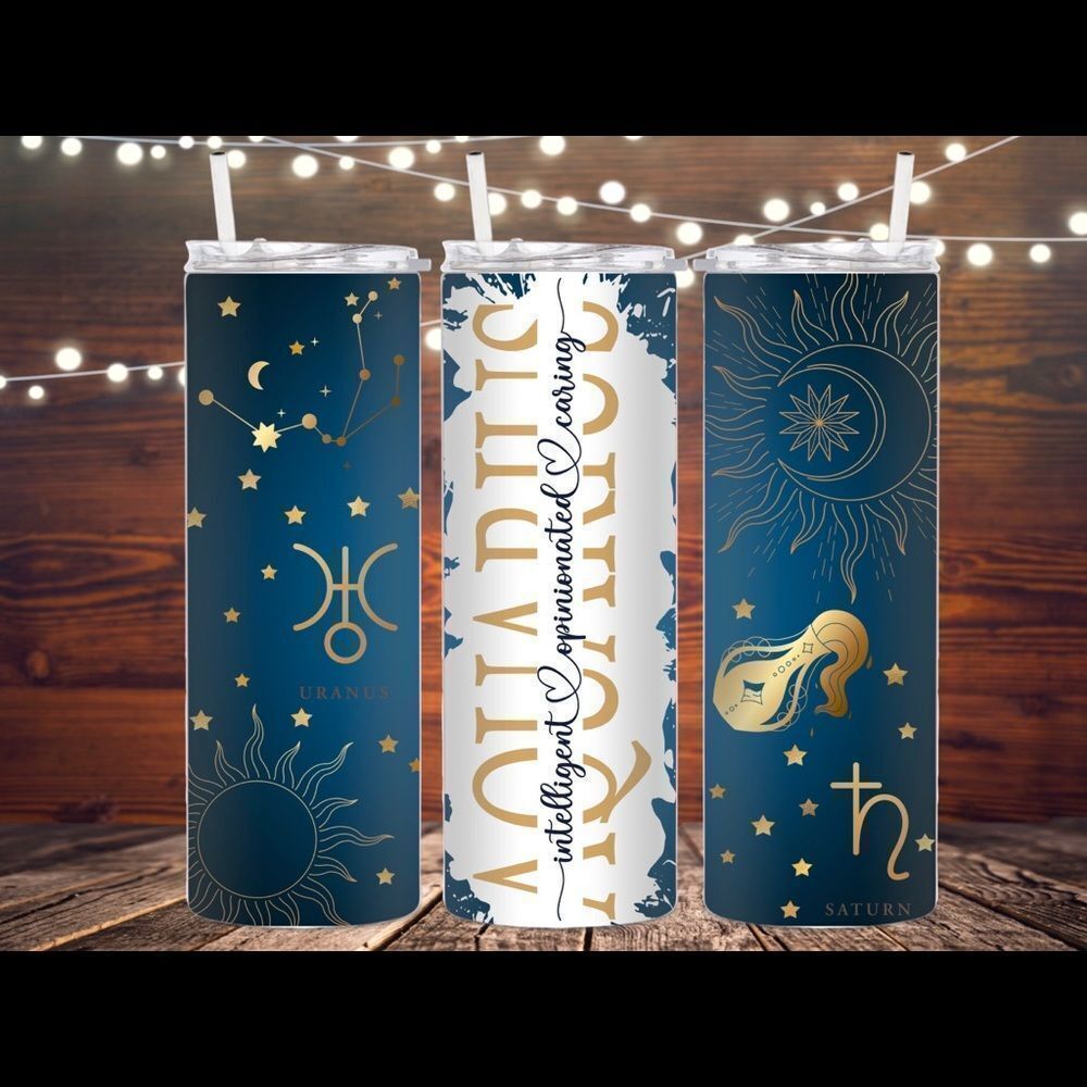 Aquarius zodiac sign metal skinny tumbler